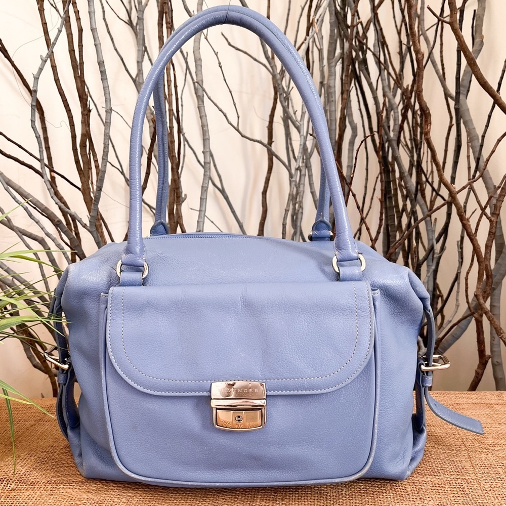 Levenger Periwinkle Blue Leather Zip Top Satchel Bag